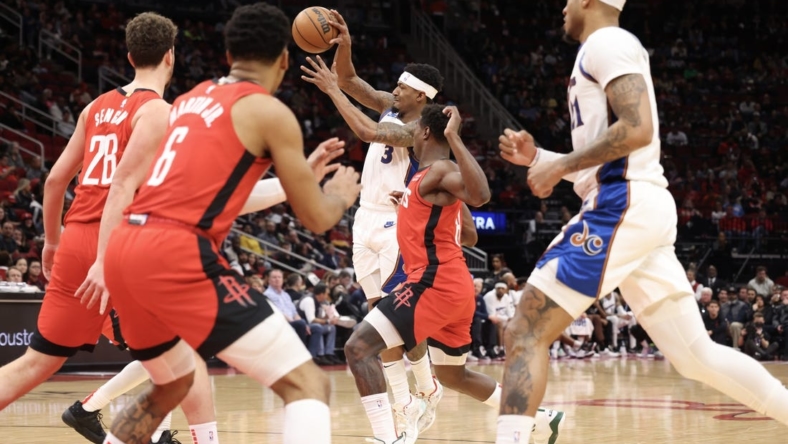 Jan 25, 2023; Houston, Texas, USA; Washington Wizards guard Bradley Beal (3) drives against the Houston Rockets in the second quarter at Toyota Center. Mandatory Credit: Thomas Shea-USA TODAY Sports