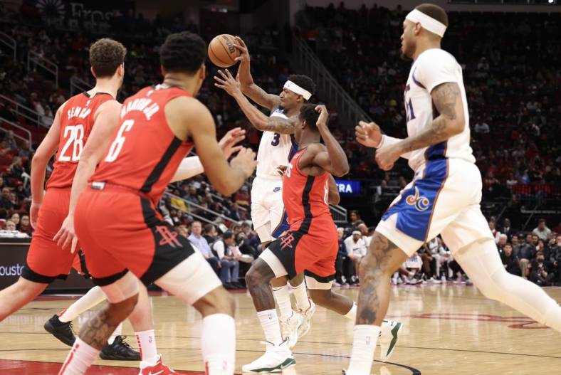 Jan 25, 2023; Houston, Texas, USA; Washington Wizards guard Bradley Beal (3) drives against the Houston Rockets in the second quarter at Toyota Center. Mandatory Credit: Thomas Shea-USA TODAY Sports