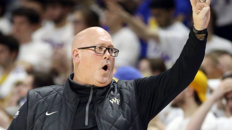 Jan 25, 2023; Pittsburgh, Pennsylvania, USA;  Wake Forest Demon Deacons head coach Steve Forbes gestures on the sidelines against the Pittsburgh Panthers during the second half at the Petersen Events Center. Pittsburgh won 81-79. Mandatory Credit: Charles LeClaire-USA TODAY Sports