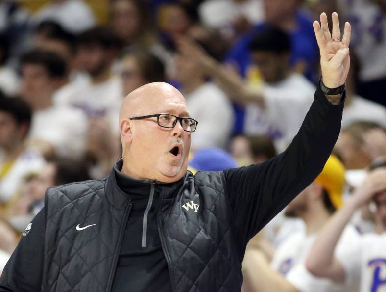 Jan 25, 2023; Pittsburgh, Pennsylvania, USA;  Wake Forest Demon Deacons head coach Steve Forbes gestures on the sidelines against the Pittsburgh Panthers during the second half at the Petersen Events Center. Pittsburgh won 81-79. Mandatory Credit: Charles LeClaire-USA TODAY Sports