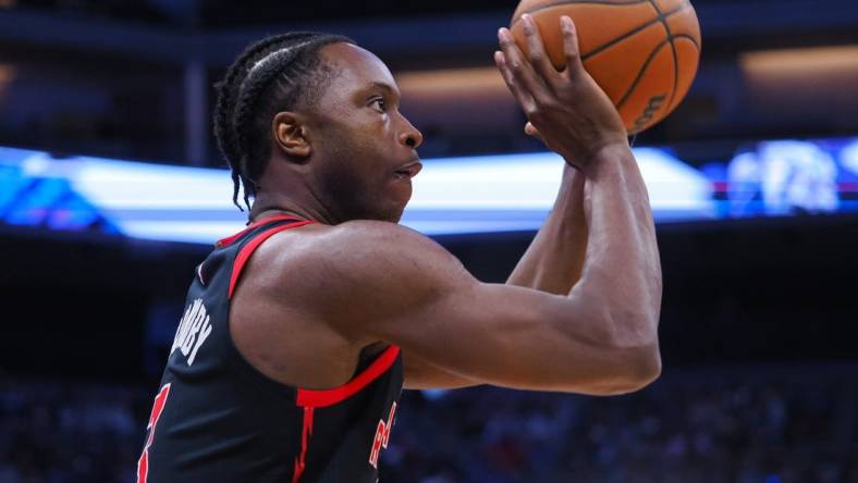 Jan 25, 2023; Sacramento, California, USA;  Toronto Raptors small forward OG Anunoby (3) warms up before the game against the Sacramento Kings at Golden 1 Center. Mandatory Credit: Kelley L Cox-USA TODAY Sports