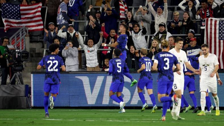 Jan 25, 2023; Los Angeles, California, USA;  USA forward Brandon Vazquez (8) celebrates after scoring a goal during the first half against the Serbia at BMO Stadium. Mandatory Credit: Kiyoshi Mio-USA TODAY Sports