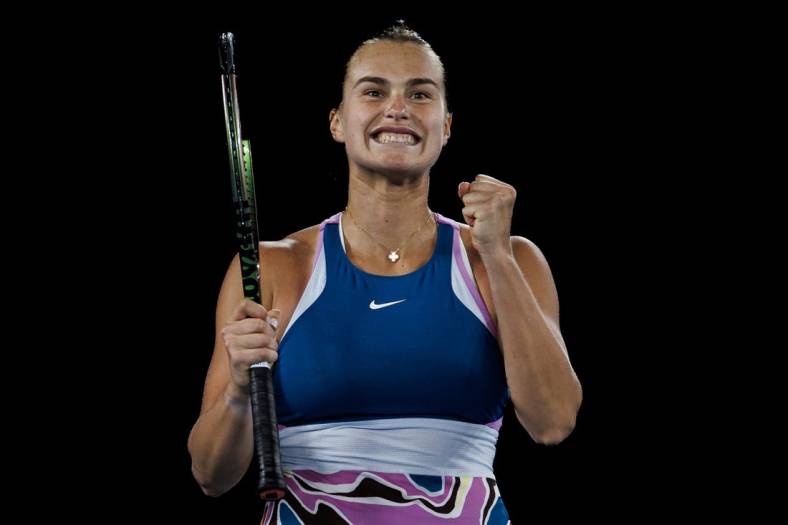 Jan 26, 2023; Melbourne, Victoria, Australia; Aryna Sabalenka of Russia celebrates her victory over Magda Linette of Poland on day eleven of the 2023 Australian Open tennis tournament at Melbourne Park. Mandatory Credit: Mike Frey-USA TODAY Sports
