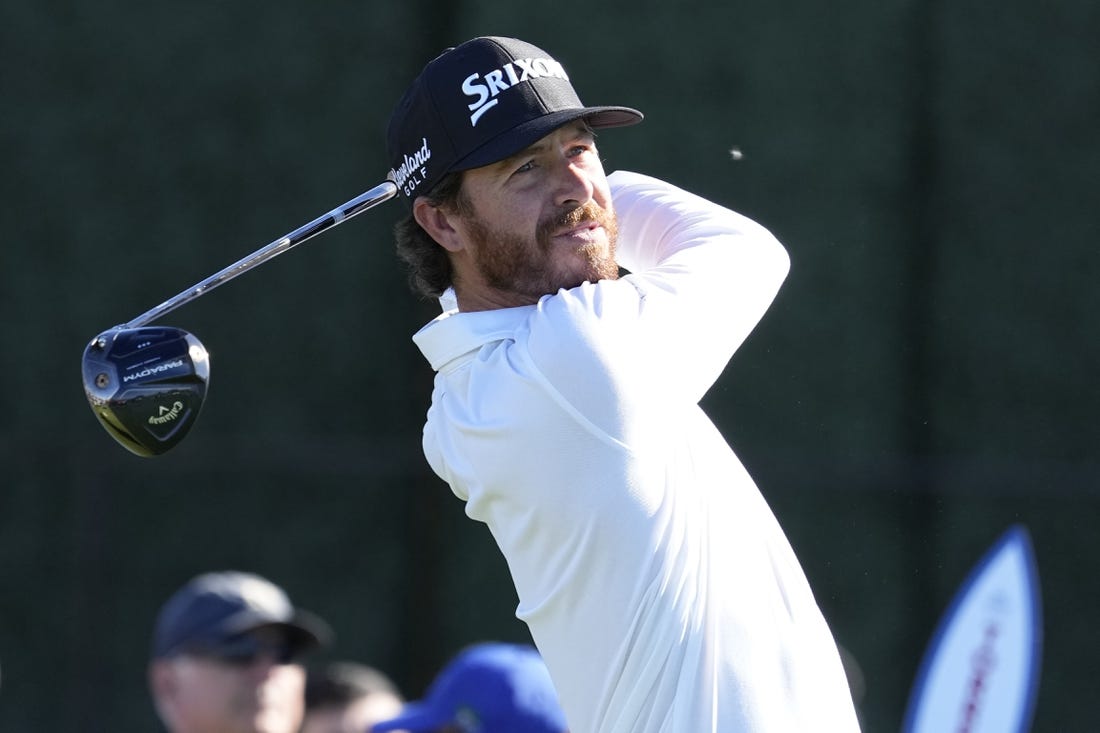 Jan 26, 2023; San Diego, California, USA; Sam Ryder hits his tee shot on the 1st hole during the second round of the Farmers Insurance Open golf tournament at Torrey Pines Municipal Golf Course - South Course. Mandatory Credit: Ray Acevedo-USA TODAY Sports