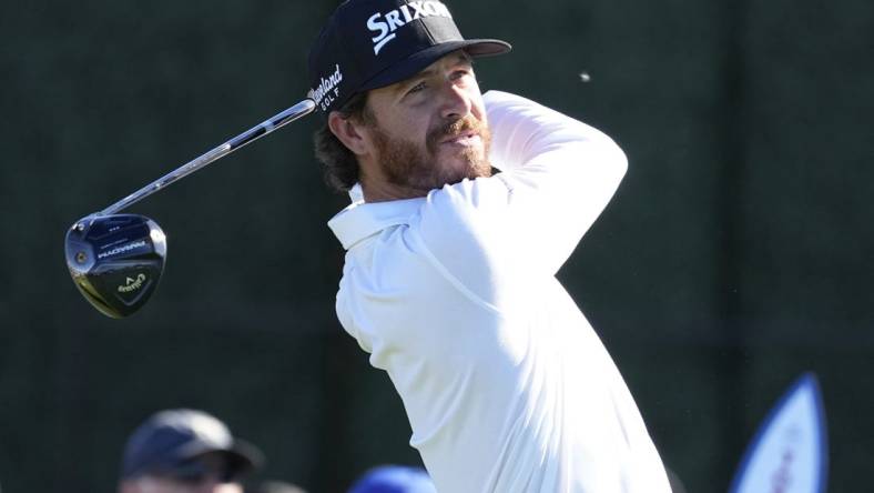 Jan 26, 2023; San Diego, California, USA; Sam Ryder hits his tee shot on the 1st hole during the second round of the Farmers Insurance Open golf tournament at Torrey Pines Municipal Golf Course - South Course. Mandatory Credit: Ray Acevedo-USA TODAY Sports