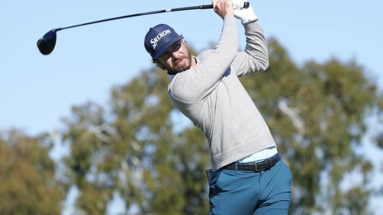 Jan 27, 2023; San Diego, California, USA; Sam Ryder hits his tee shot on the 2nd hole during the third round of the Farmers Insurance Open golf tournament at Torrey Pines Municipal Golf Course - South Course. Mandatory Credit: Ray Acevedo-USA TODAY Sports