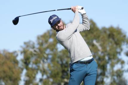 Jan 27, 2023; San Diego, California, USA; Sam Ryder hits his tee shot on the 2nd hole during the third round of the Farmers Insurance Open golf tournament at Torrey Pines Municipal Golf Course - South Course. Mandatory Credit: Ray Acevedo-USA TODAY Sports