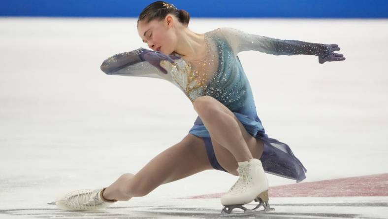 Jan 27, 2023; San Jose, California, USA; Isabeau Levito skates in the Championship Women Free Skate program during the US figure skating championships at SAP Center. Mandatory Credit: Kyle Terada-USA TODAY Sports