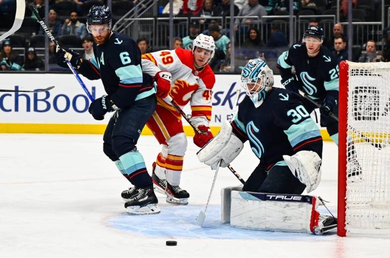 Jan 27, 2023; Seattle, Washington, USA; Seattle Kraken goaltender Martin Jones (30) defends the goal against the Calgary Flames during the first period at Climate Pledge Arena. Mandatory Credit: Steven Bisig-USA TODAY Sports