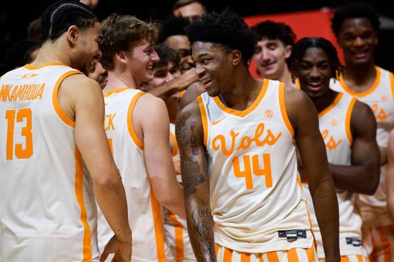Tennessee guard D.J. Jefferson (44) celebrates a dunk during ESPN's 'College GameDay' broadcast ahead of No. 4 Tennessee's basketball game against No. 10 Texas at Thompson-Boling Arena in Knoxville, Tenn., on Saturday, Jan. 28, 2023.

Kns Ut Basketball College Gameday