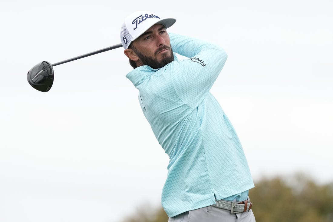 Jan 28, 2023; San Diego, California, USA; Max Homa  hits his tee shot on the second hole during the final round of the Farmers Insurance Open golf tournament at Torrey Pines Municipal Golf Course - South Course. Mandatory Credit: Ray Acevedo-USA TODAY Sports