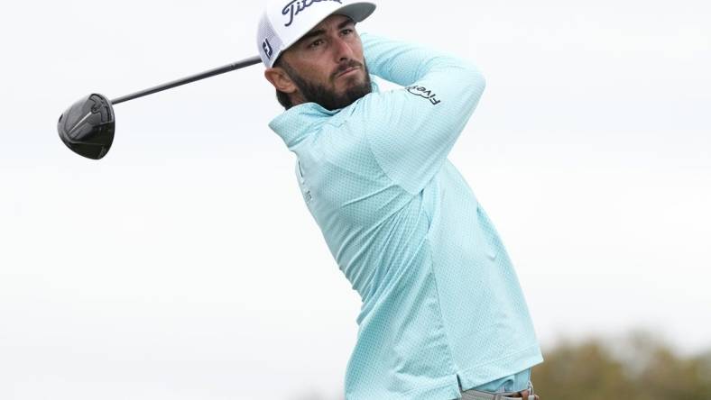 Jan 28, 2023; San Diego, California, USA; Max Homa  hits his tee shot on the second hole during the final round of the Farmers Insurance Open golf tournament at Torrey Pines Municipal Golf Course - South Course. Mandatory Credit: Ray Acevedo-USA TODAY Sports