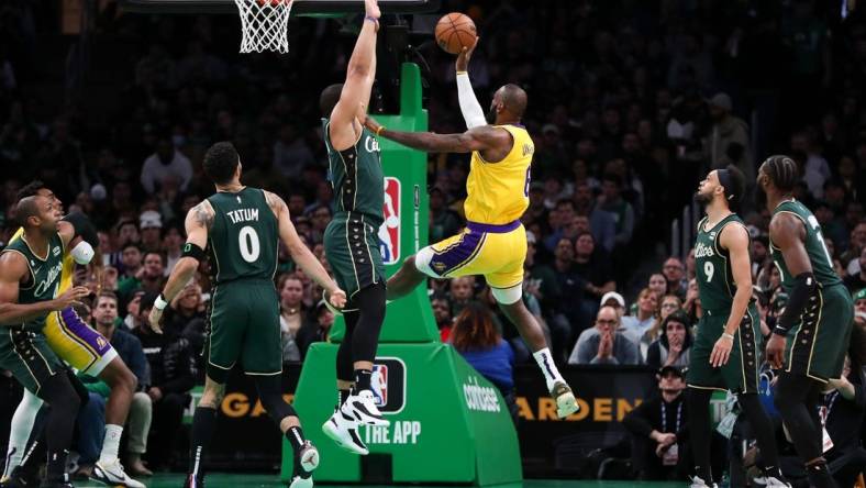 Jan 28, 2023; Boston, Massachusetts, USA; Los Angeles Lakers forward LeBron James (6) shoots during the first half against the Boston Celtics at TD Garden. Mandatory Credit: Paul Rutherford-USA TODAY Sports