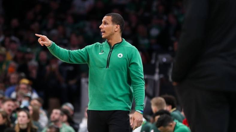 Jan 28, 2023; Boston, Massachusetts, USA; Boston Celtics head coach Joe Mazzulla reacts during the second half against the Los Angeles Lakers at TD Garden. Mandatory Credit: Paul Rutherford-USA TODAY Sports