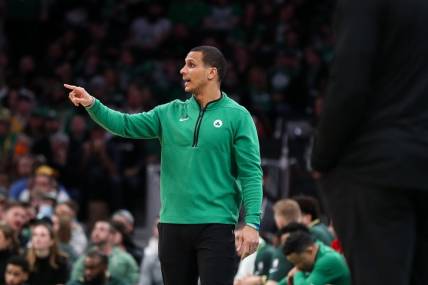 Jan 28, 2023; Boston, Massachusetts, USA; Boston Celtics head coach Joe Mazzulla reacts during the second half against the Los Angeles Lakers at TD Garden. Mandatory Credit: Paul Rutherford-USA TODAY Sports