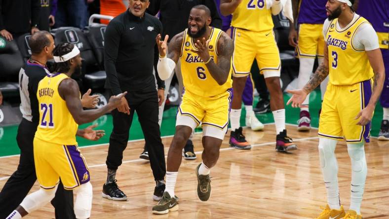 Jan 28, 2023; Boston, Massachusetts, USA; Los Angeles Lakers forward LeBron James (6) reacts during the second half against the Boston Celtics at TD Garden. Mandatory Credit: Paul Rutherford-USA TODAY Sports