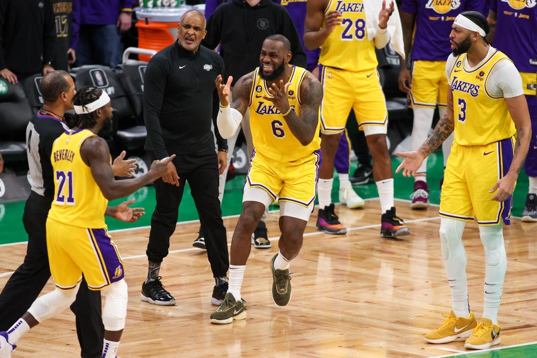 Jan 28, 2023; Boston, Massachusetts, USA; Los Angeles Lakers forward LeBron James (6) reacts during the second half against the Boston Celtics at TD Garden. Mandatory Credit: Paul Rutherford-USA TODAY Sports