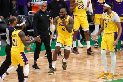 Jan 28, 2023; Boston, Massachusetts, USA; Los Angeles Lakers forward LeBron James (6) reacts during the second half against the Boston Celtics at TD Garden. Mandatory Credit: Paul Rutherford-USA TODAY Sports