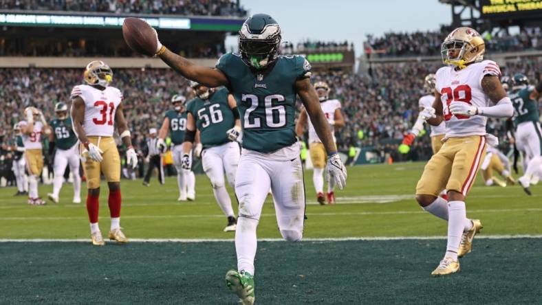 Philadelphia Eagles running back Miles Sanders (26) scores a touchdown against the San Francisco 49ers during the second quarter in the NFC Championship game at Lincoln Financial Field. Mandatory Credit: Bill Streicher-USA TODAY Sports