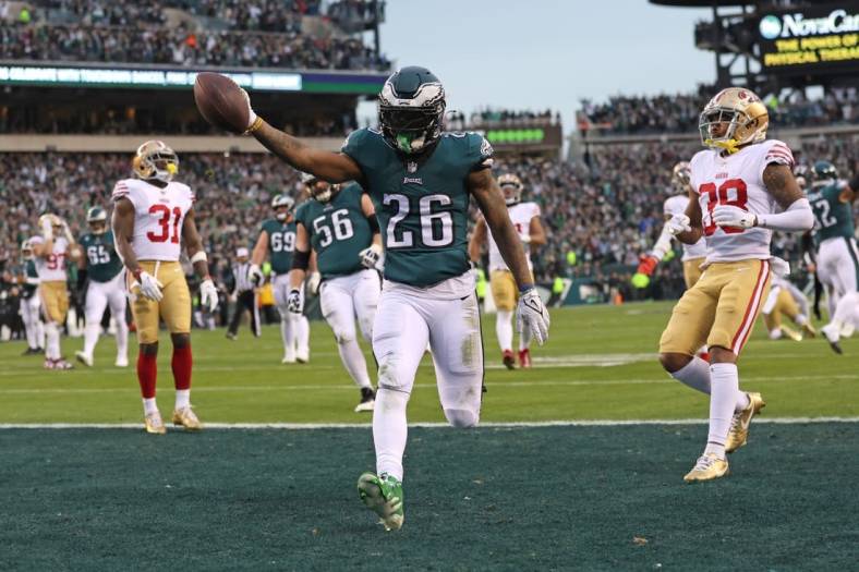 Philadelphia Eagles running back Miles Sanders (26) scores a touchdown against the San Francisco 49ers during the second quarter in the NFC Championship game at Lincoln Financial Field. Mandatory Credit: Bill Streicher-USA TODAY Sports