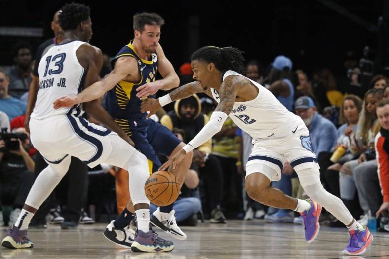 Jan 29, 2023; Memphis, Tennessee, USA; Memphis Grizzlies guard Ja Morant (12) dribbles around a screen set by forward Jaren Jackson Jr. (13) on Indiana Pacers guard T.J. McConnell (9) during the first half at FedExForum. Mandatory Credit: Petre Thomas-USA TODAY Sports