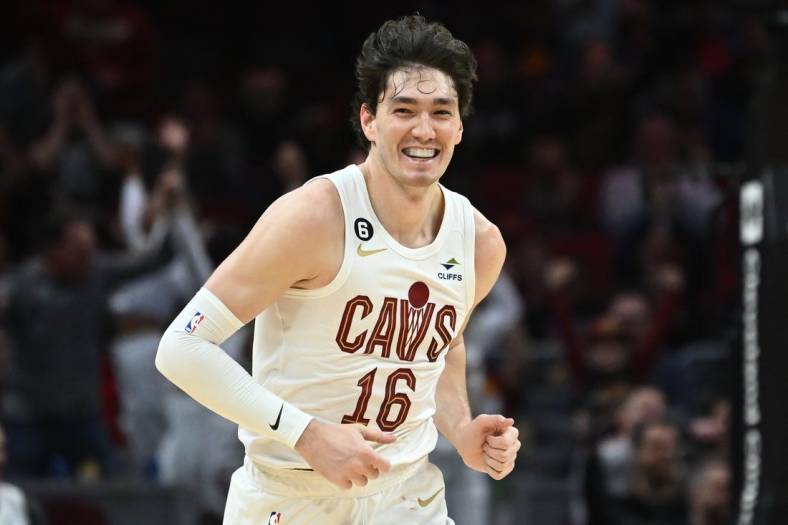 Jan 29, 2023; Cleveland, Ohio, USA; Cleveland Cavaliers forward Cedi Osman (16) smiles after a basket during the second half against the Los Angeles Clippers at Rocket Mortgage FieldHouse. Mandatory Credit: Ken Blaze-USA TODAY Sports