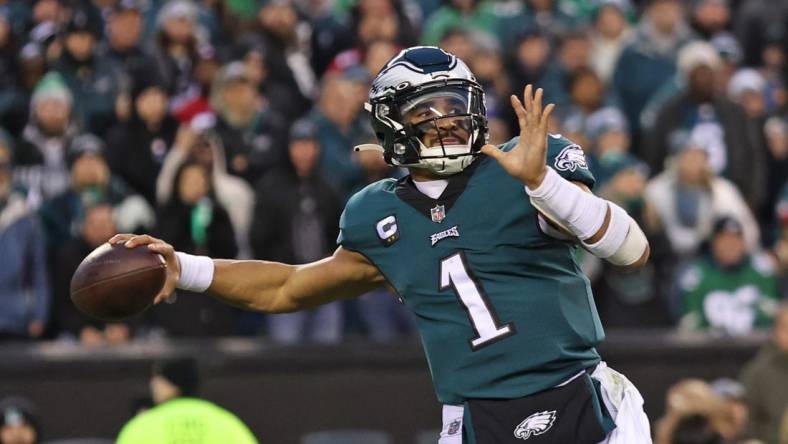 Jan 29, 2023; Philadelphia, Pennsylvania, USA; Philadelphia Eagles quarterback Jalen Hurts (1) throws a pass against the San Francisco 49ers during the third quarter in the NFC Championship game at Lincoln Financial Field. Mandatory Credit: Bill Streicher-USA TODAY Sports