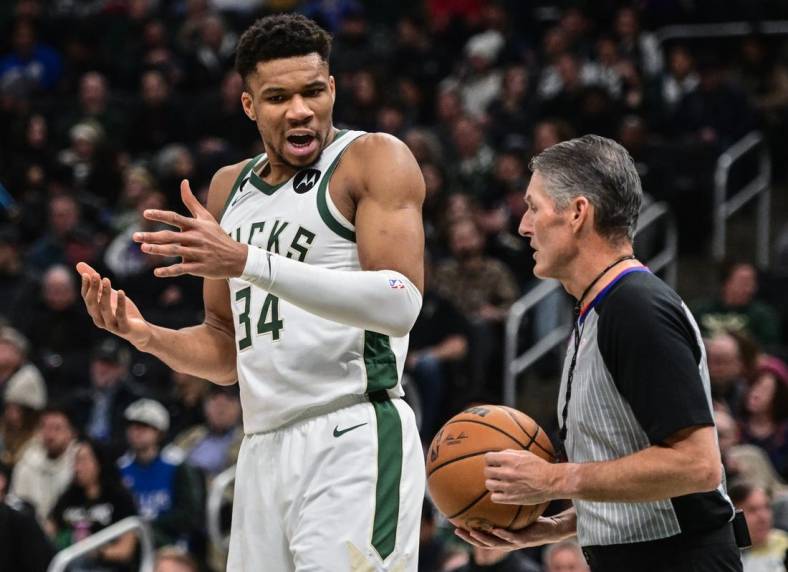 Jan 29, 2023; Milwaukee, Wisconsin, USA; Milwaukee Bucks forward Giannis Antetokounmpo (34) reacts to a call in the second quarter during game against the New Orleans Pelicans at Fiserv Forum. Mandatory Credit: Benny Sieu-USA TODAY Sports