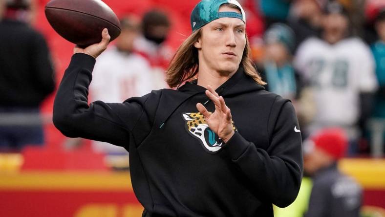 Jan 21, 2023; Kansas City, Missouri, USA; Jacksonville Jaguars quarterback Trevor Lawrence (16) warms up prior to an AFC divisional round game against the Kansas City Chiefs at GEHA Field at Arrowhead Stadium. Mandatory Credit: Denny Medley-USA TODAY Sports