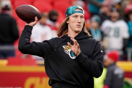 Jan 21, 2023; Kansas City, Missouri, USA; Jacksonville Jaguars quarterback Trevor Lawrence (16) warms up prior to an AFC divisional round game against the Kansas City Chiefs at GEHA Field at Arrowhead Stadium. Mandatory Credit: Denny Medley-USA TODAY Sports