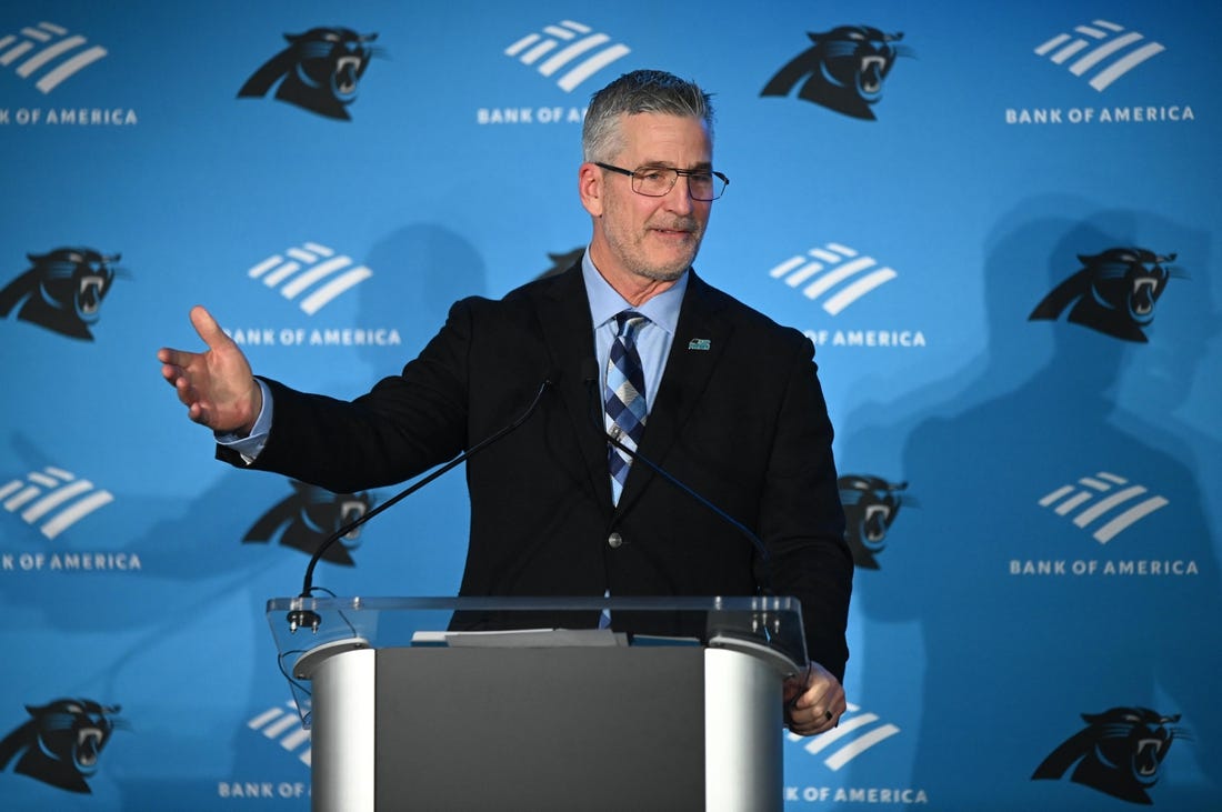 Jan 31, 2023; Charlotte, NC, USA; Carolina Panthers head coach Frank Reich speaks at his introductory press conference at Bank of America Stadium. Mandatory Credit: Griffin Zetterberg-USA TODAY Sports