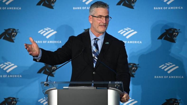 Jan 31, 2023; Charlotte, NC, USA; Carolina Panthers head coach Frank Reich speaks at his introductory press conference at Bank of America Stadium. Mandatory Credit: Griffin Zetterberg-USA TODAY Sports