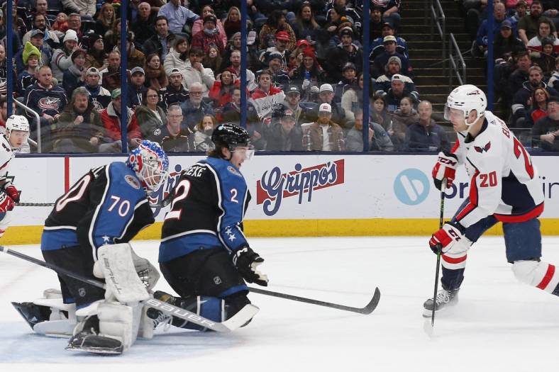 Jan 31, 2023; Columbus, Ohio, USA; Columbus Blue Jackets goalie Joonas Korpisalo (70) makes a save against the Washington Capitals during the first period at Nationwide Arena. Mandatory Credit: Russell LaBounty-USA TODAY Sports
