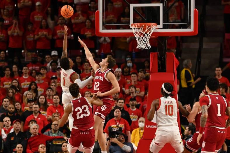 Jan 31, 2023; College Park, Maryland, USA;  Maryland Terrapins guard Jahmir Young (1) shoots a layup during the first half against the Indiana Hoosiers at Xfinity Center. Mandatory Credit: Tommy Gilligan-USA TODAY Sports
