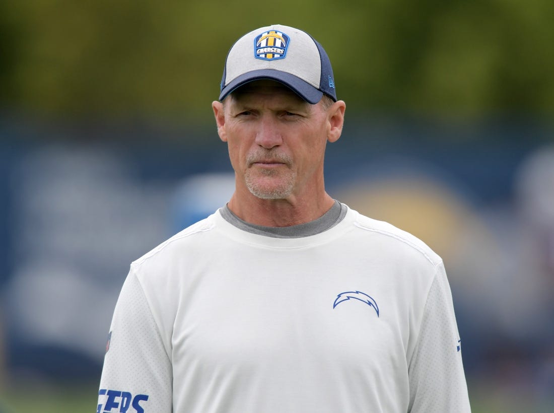 Jun 3, 2019; Costa Mesa, CA, USA; Los Angeles Chargers offensive coordinator Ken Whisenhunt during organized team activities at the Hoag Performance Center.Mandatory Credit: Kirby Lee-USA TODAY Sports