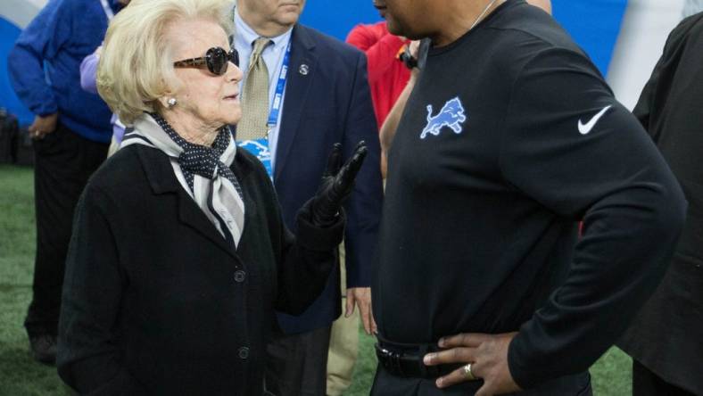 Detroit Lions owner Martha Firestone Ford talks with head coach Jim Caldwell before the game against the Green Bay Packers on Sunday, Dec. 31, 2017 at Ford Field in Detroit.

636503207024649966 Lions 123117kirthmon F Dozier2 Jpg