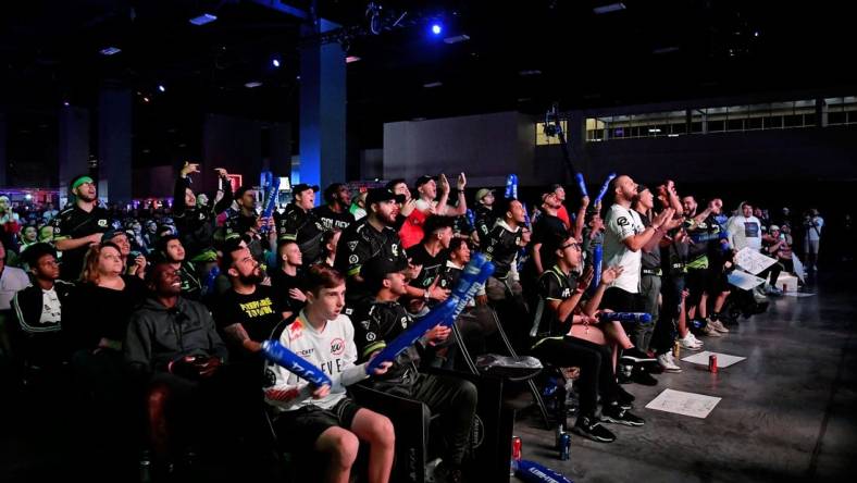 Jul 20, 2019; Miami Beach, FL, USA; Fans cheer during game play between Luminosity and Optic Gaming in the Call of Duty League Finals e-sports event at Miami Beach Convention Center. Mandatory Credit: Jasen Vinlove-USA TODAY Sports