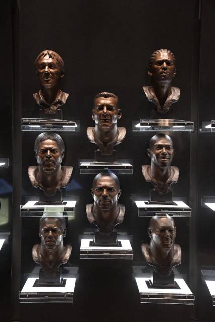 Aug 1, 2019; Canton, OH, USA;  The busts of 2015 Pro Football Hall of Fame inductees Randy Moss, Terrell Owens, Brian Dawkins, Ray Lewis, Brian Urlacher, Robert Brazile, Jerry Kramer and Bobby Beathard on display at the Pro Football Hall of Fame. Mandatory Credit: Kirby Lee-USA TODAY Sports