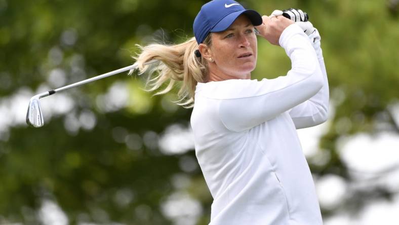 Aug 22, 2019; Aurora, Ontario, CAN; Suzann Pettersen tees off on the second hole in the first round of the CP Womens Open golf tournament at Magna Golf Club. Mandatory Credit: Eric Bolte-USA TODAY Sports