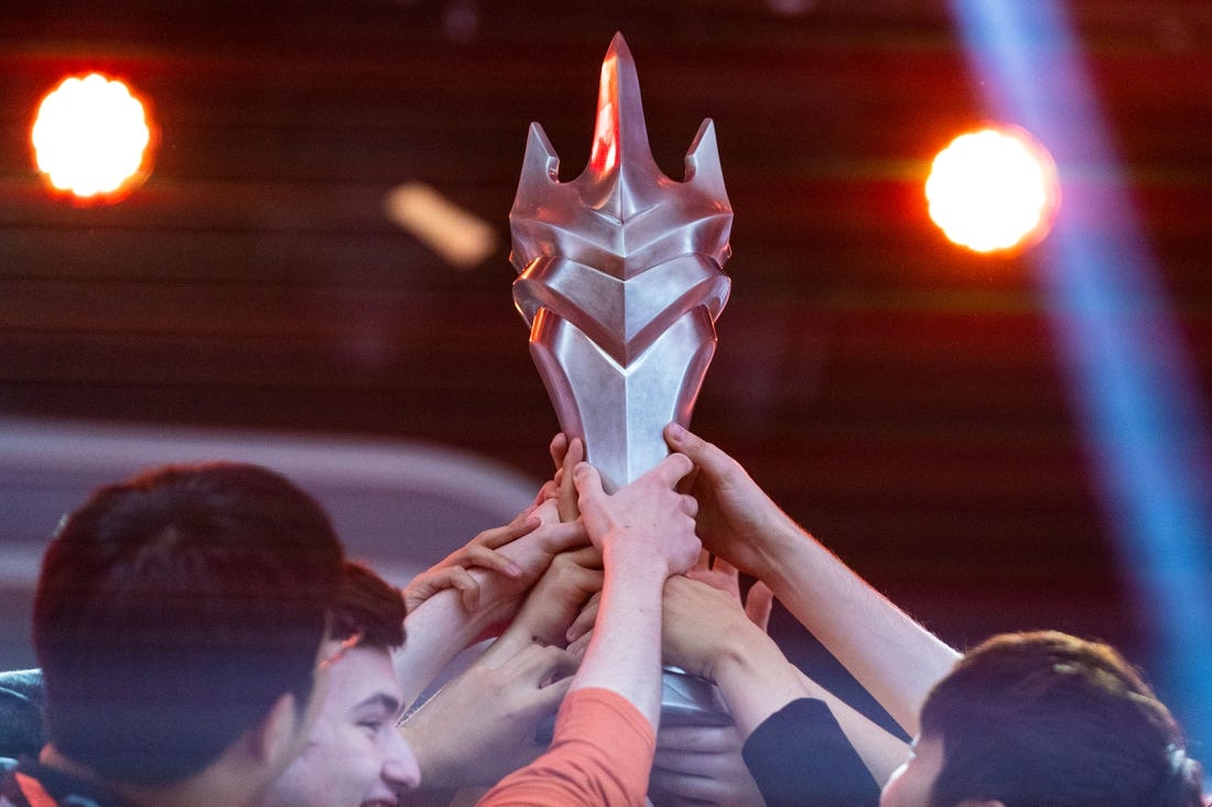 Sep 29, 2019; Philadelphia, PA, USA; The San Francisco Shock celebrate their victory in the 2019 Overwatch League Grand Finals e-sports championship against the Vancouver Titans at Wells Fargo Center. Mandatory Credit: Bill Streicher-USA TODAY Sports