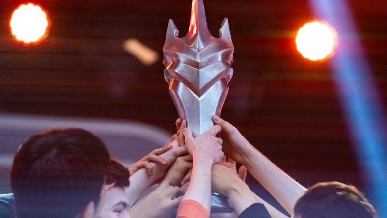 Sep 29, 2019; Philadelphia, PA, USA; The San Francisco Shock celebrate their victory in the 2019 Overwatch League Grand Finals e-sports championship against the Vancouver Titans at Wells Fargo Center. Mandatory Credit: Bill Streicher-USA TODAY Sports