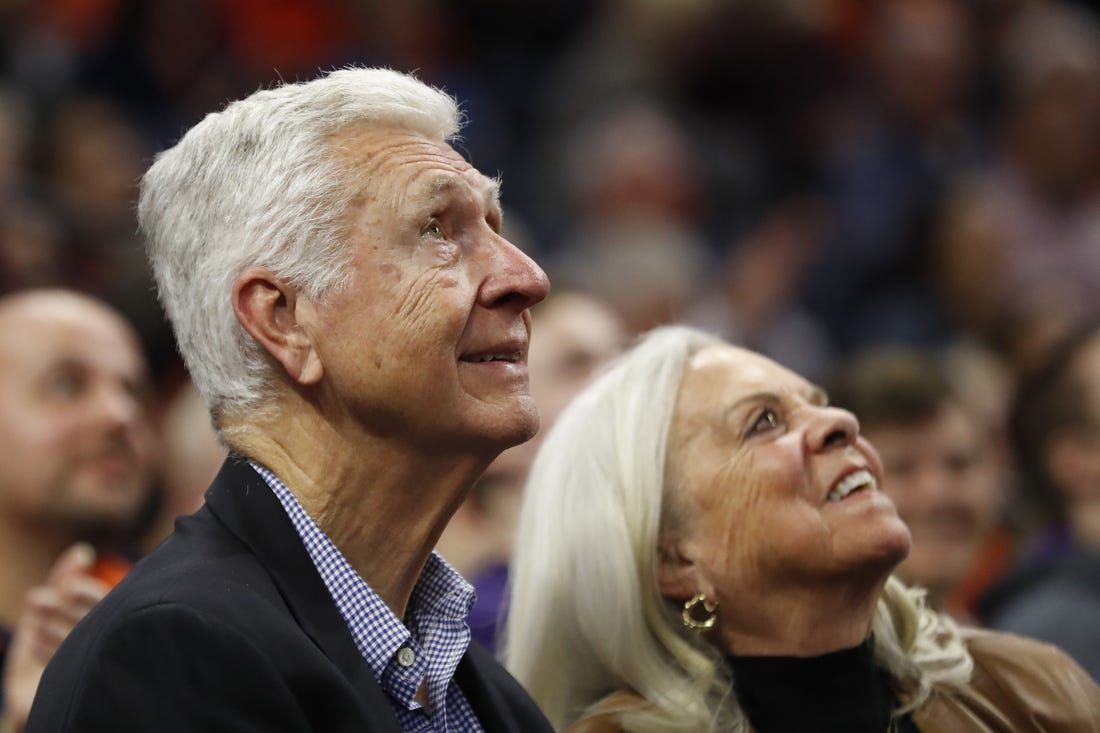 Nov 10, 2019; Charlottesville, VA, USA; Former Virginia Cavaliers head coach Terry Holland looks on from the stands against the James Madison Dukes in the second half at John Paul Jones Arena. Mandatory Credit: Geoff Burke-USA TODAY Sports