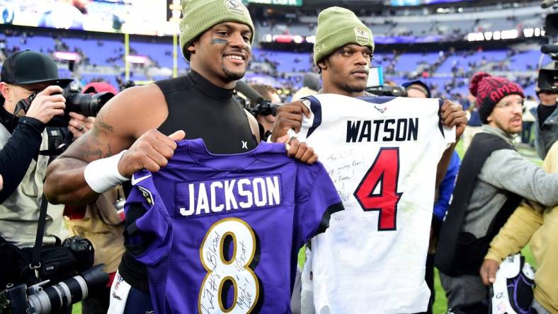 Nov 17, 2019; Baltimore, MD, USA; Baltimore Ravens quarterback Lamar Jackson (right) exchanges jerseys with Houston Texans quarterback Deshaun Watson (left) after the game at M&T Bank Stadium. Mandatory Credit: Evan Habeeb-USA TODAY Sports