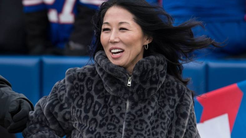 Nov 24, 2019; Orchard Park, NY, USA; Buffalo Bills co-owner Kim Pegula on the field prior to a game against the Denver Broncos at New Era Field. Mandatory Credit: Mark Konezny-USA TODAY Sports