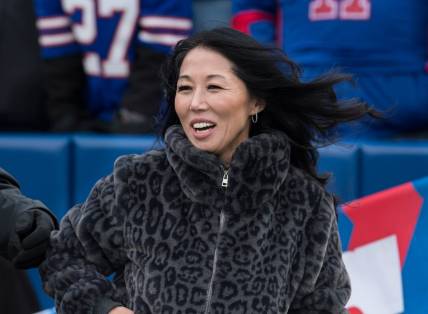 Nov 24, 2019; Orchard Park, NY, USA; Buffalo Bills co-owner Kim Pegula on the field prior to a game against the Denver Broncos at New Era Field. Mandatory Credit: Mark Konezny-USA TODAY Sports