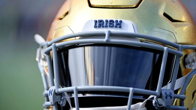 Dec 28, 2019; Orlando, Florida, USA;  A detailed view of a Notre Dame Fighting Irish helmet prior to the game between the Notre Dame Fighting Irish and the Iowa State Cyclones at Camping World Stadium. Mandatory Credit: Jasen Vinlove-USA TODAY Sports