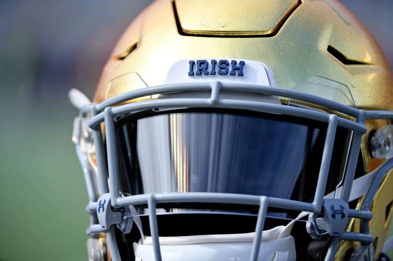 Dec 28, 2019; Orlando, Florida, USA;  A detailed view of a Notre Dame Fighting Irish helmet prior to the game between the Notre Dame Fighting Irish and the Iowa State Cyclones at Camping World Stadium. Mandatory Credit: Jasen Vinlove-USA TODAY Sports