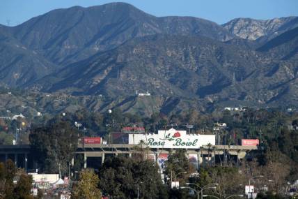 Jan 1, 2020; Pasadena, California, USA;  General overall view of Rose Bowl Stadium and the San Gabriel Mountains before the 106th Rose Bowl between the Oregon Ducks and the Wisconsin Badgers. Mandatory Credit: Kirby Lee-USA TODAY Sports