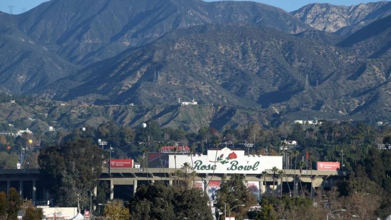 Jan 1, 2020; Pasadena, California, USA;  General overall view of Rose Bowl Stadium and the San Gabriel Mountains before the 106th Rose Bowl between the Oregon Ducks and the Wisconsin Badgers. Mandatory Credit: Kirby Lee-USA TODAY Sports