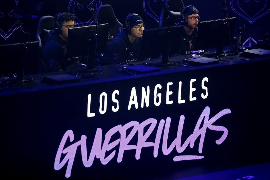 Jan 25, 2020; Minneapolis, Minnesota, USA; Andres Lacefield and Ulysses Aqua Silva and Renato Saints Forza of the Los Angeles Guerrillas play against the Florida Mutineers during the Call of Duty League Launch Weekend at The Armory. Mandatory Credit: Bruce Kluckhohn-USA TODAY Sports